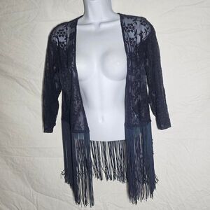 Retro 90s lace fringe whimsigoth navy blue cardigan